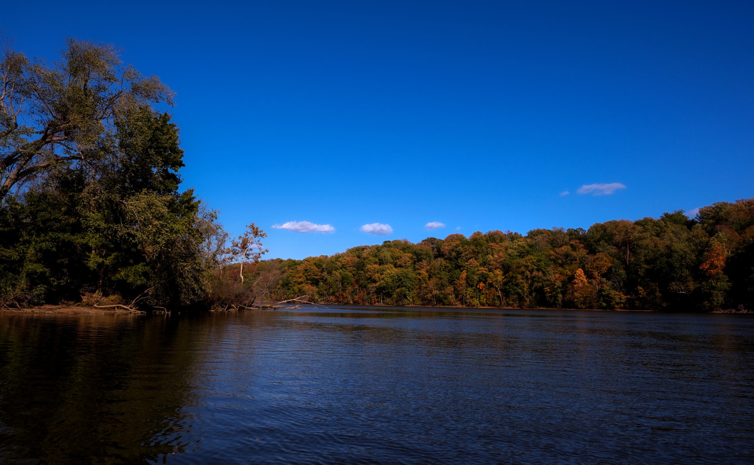 Views of the James River from boat with fall foliage in background.